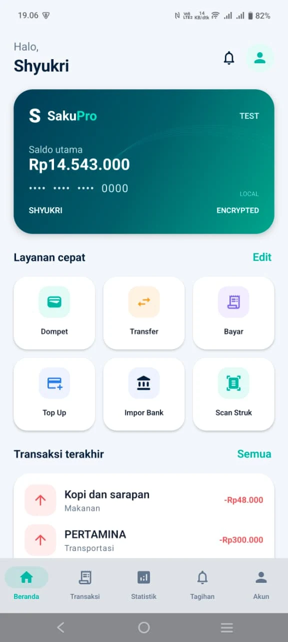 Dashboard aplikasi SakuPro
